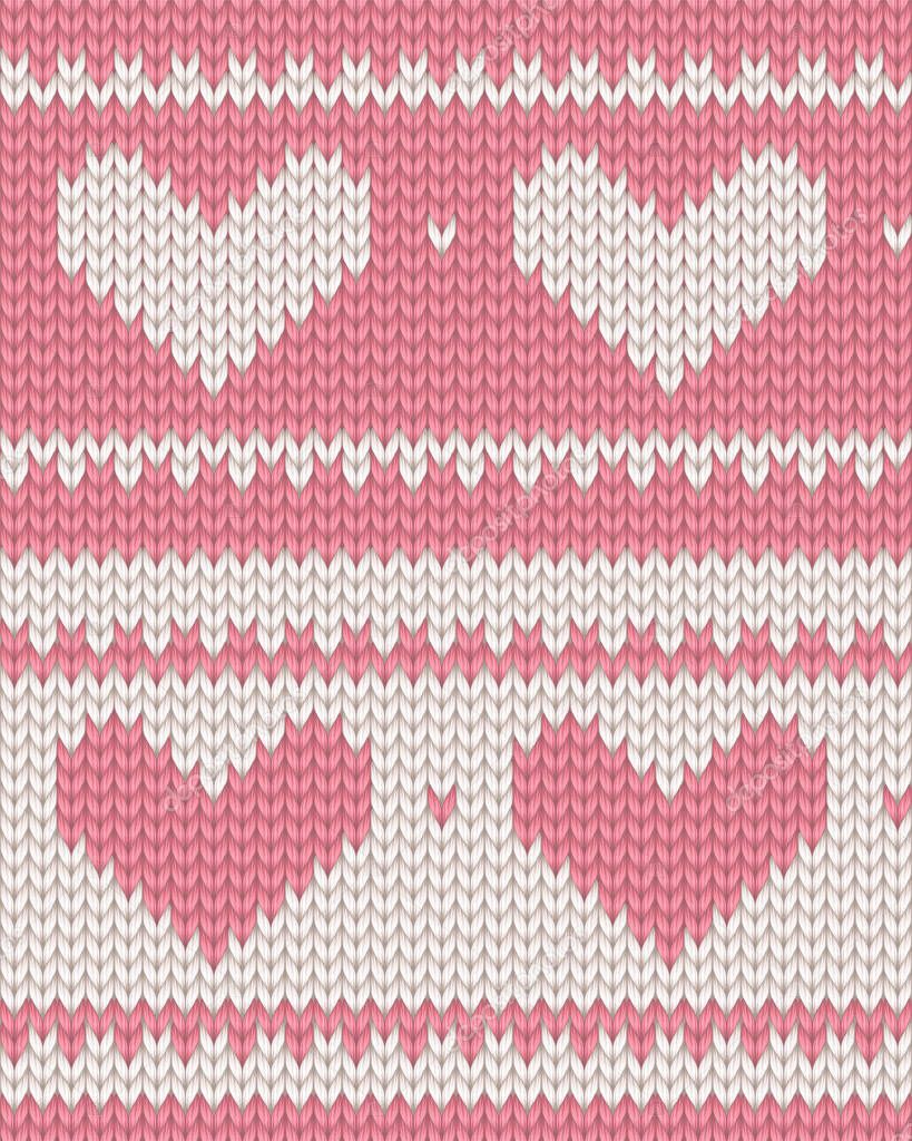Knitting texture baby pink and white hearts vector seamless pattern