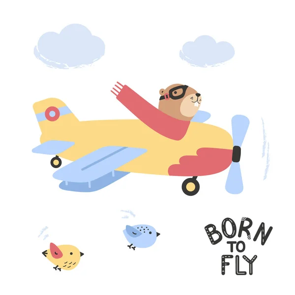 Küçük kuşlar, bulutlar ve tellerlerle dolu eski uçakla sevimli çizgi film tarzı kunduzlar. Çocuk kıyafetleri, tekstil ve defter kapağı için renkli vektör çizimi.
