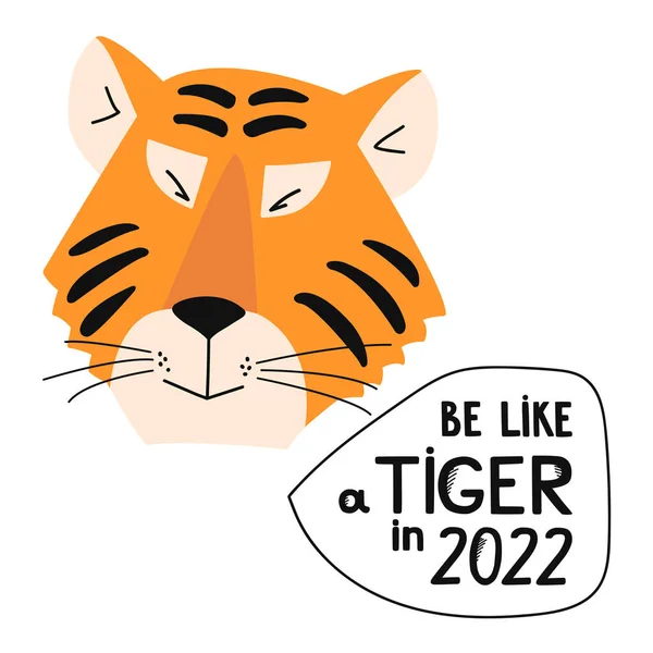 Gözleri kısılmış parlak kaplan ve 2022 yılbaşı yazısı. Beyaz arkaplanda izole edilmiş t-shirt, poster, afiş, kartpostal için düz vektör çizimi.