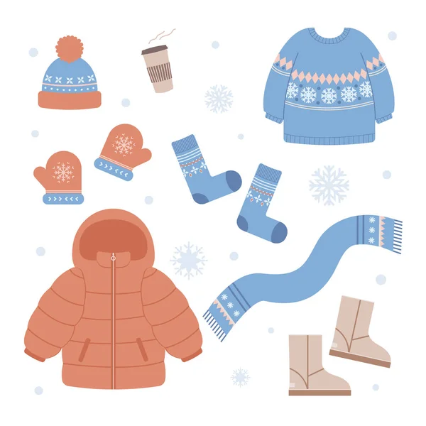 一套冬季服装和配件 包括毛衣 围巾和靴子 用卡通平面风格在白色背景上孤立的矢量图形 — 图库矢量图片