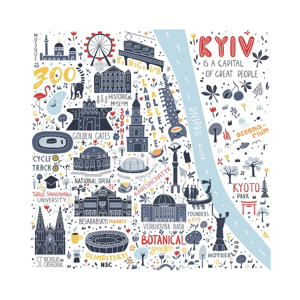 Mapa Ilustrado Kiev Con Atracciones Turísticas Símbolos Ilustración Con Lugares — Archivo Imágenes Vectoriales