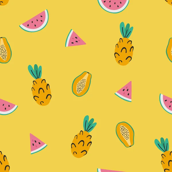 手描きの果物とシームレスなパターン 明るい黄色の背景にパイナップル パパイヤ スイカ 包装紙のための夏のプリント — ストックベクタ