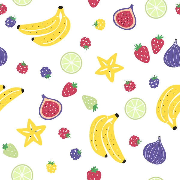 Seamless Pattern Different Fruits Banana Fig Carambola Lime Berries Summer — ストックベクタ