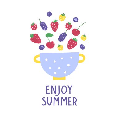 Kevgir böğürtlenli parlak yaz mektupları. Yaz tabelasının tadını çıkar. Tişört, kart, poster, mutfak tekstili için resim.