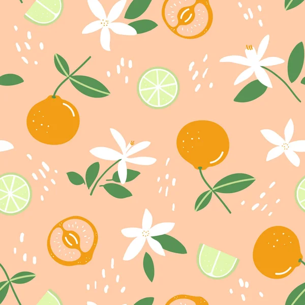 Citrus Seamless Pattern Mandarin Lime Slices Flowers Pastel Orange Background — ストックベクタ