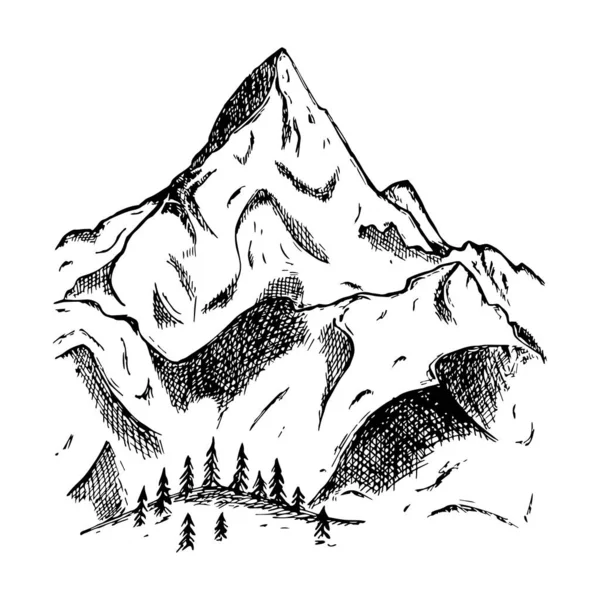 Hand Drawn Sketch Style Mountains Pine Trees Black Color Illustration — Archivo Imágenes Vectoriales