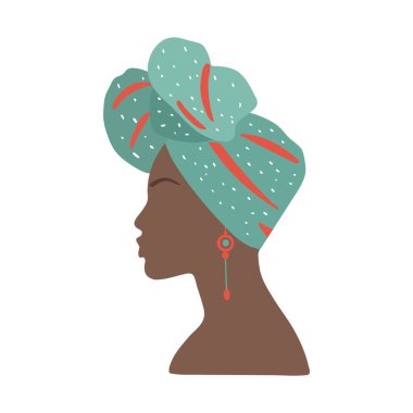Hand drawn african woman silhouette in bright head wrap on white background.