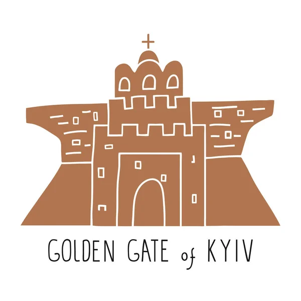 Popular tourist attraction Golden gate of Kyiv. Famous place for traveling in Ukraine. Hand drawn illustration and lettering.