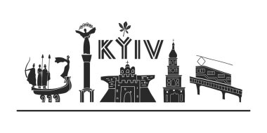 El çizimi Kyiv 'in ünlü çekiciliği ve sembolleri. Popüler Ukrayna binaları ve anıtları. Turistik yerler.