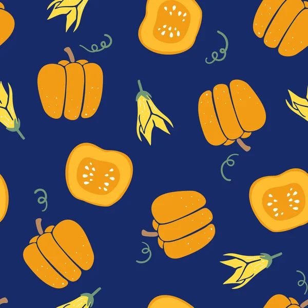 Seamless Pattern Pumpkins Flowers Dark Blue Background Bright Vector Illustration — Stock vektor