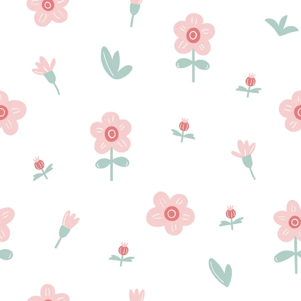 Simple Floral Seamless Pattern Cute Flowers White Background Design Kids — Διανυσματικό Αρχείο