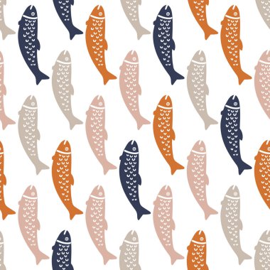 Seamless pattern with hand drawn colorful fish. Bright design for fabric, cloth, home textile, wrapping paper, cover.