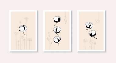 Cotton flowers and abstract plants wall art set. Minimalist elegant design for poster, postcard, wallpaper, cover.