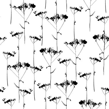 Black and white simple floral seamless pattern. Wild flowers in silhouette on white background. Design for fabric, home textile, wrapping paper, cover.