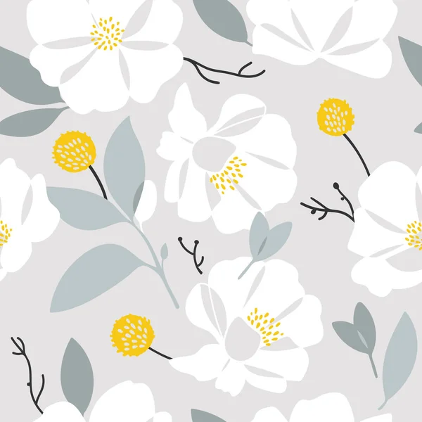 Hand drawn big white flowers seamless pattern. Garden background. Abstract drawn illustration