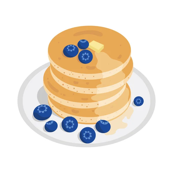 Stapelweise Pfannkuchen Mit Blaubeeren Einem Teller Mit Ahornsirup Und Einem — Stockvektor