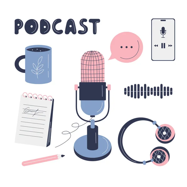 Farklı podcast 'ler ve harfler. Düz biçimdeki vektör illüstrasyonları.