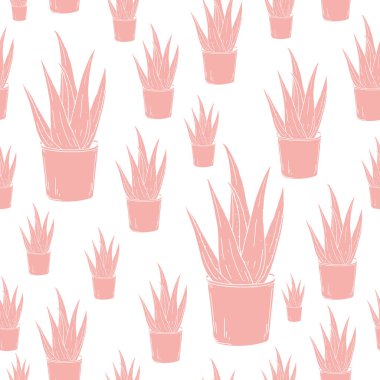 Pembe aloe vera bitkisi. Beyazın üzerinde kusursuz bir desen var. El çizimi düz vektör çizimi