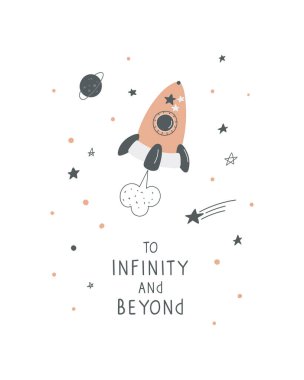 Roketli, yıldızlı ve harfli bir uzay posteri. Çocuk kıyafetleri, kartı, iç tasarımı için sevimli kozmik baskılar.