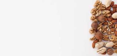 Beyaz arkaplanda farklı tipte fındıklar ve yazı için pankart şeklinde bir yer