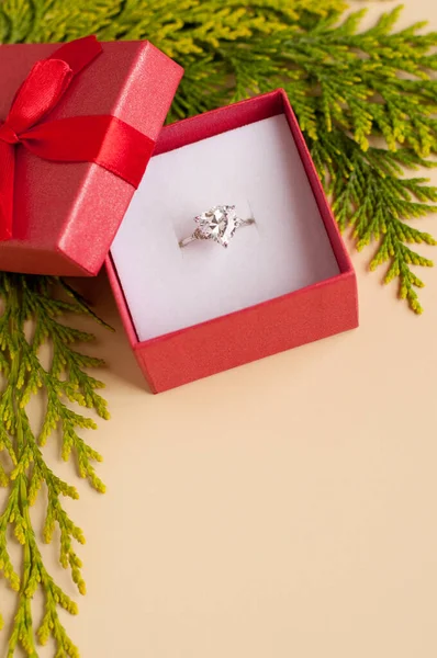 Une Bague Blanc Avec Une Grande Pierre Précieuse Dans Coffret — Photo