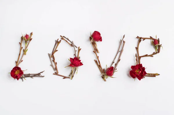 Mot Amour Disposé Brindilles Avec Petites Fleurs Rose Rouge Sur — Photo