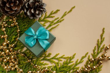 Bej arka planda bir fiyonk olan mavi bir hediye kutusu. Yanında da thuja, koni ve altın bir çelenk var.