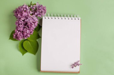 Bir yay üzerindeki bir defter dikey formatta beyaz boş bir sayfa yukarı doğru uzanır yeşil bir arkaplanda uzanır parlak mor renkli eflatun bir dalın yanında metin için bir yer ile yeşil yapraklar