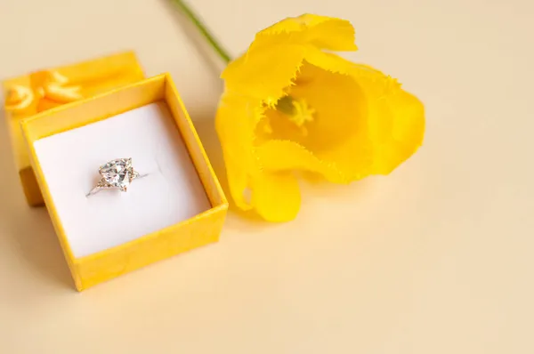 Anillo Oro Blanco Con Una Gran Piedra Preciosa Una Caja —  Fotos de Stock