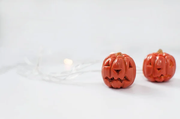 Pumpkin Made Orange Plasticine Eyes Mouth Cut Out Blurry Background — Stock Photo, Image