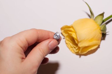 Beyaz, altın bir yüzük. Bir kadının elinde değerli bir taş. Beyaz bir arka planda, sarı bir gül.