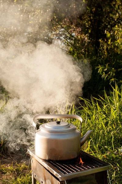 steam comes from a metal kettle when it is heated in nature on the grill on the grill with an open fire on the background of green grass