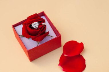 Üzerinde kırmızı gül tomurcuğu olan büyük bir mücevher olan bir yüzük bulanık bir arka planda bir kutuda.