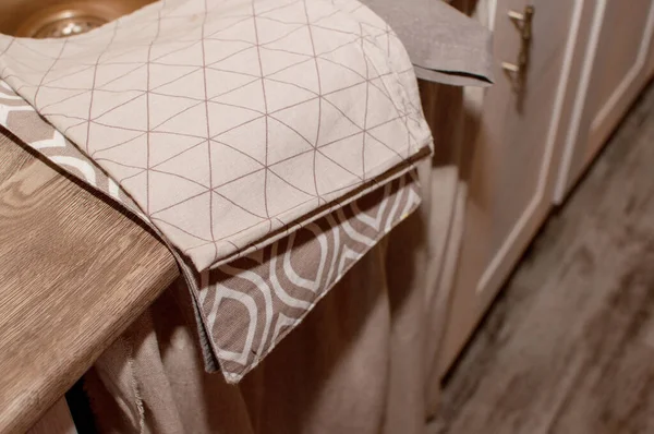 Linen Towels Pattern Wooden Countertop — ストック写真