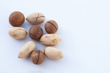 Brezilya cevizi ve macadamia beyaz bir zemin üzerinde metin için boşluk ile
