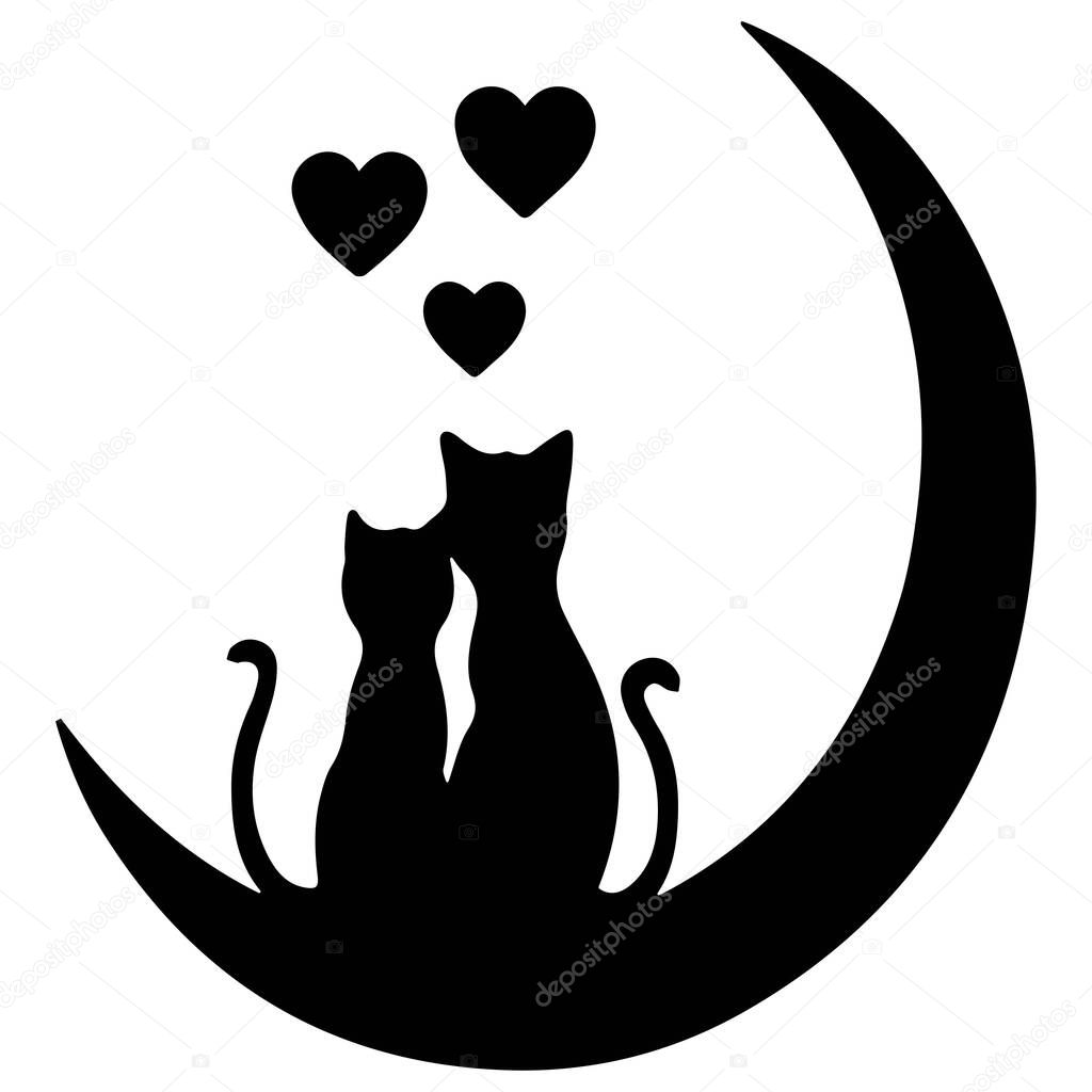 two cats  silhouettes in love sitting on the moon