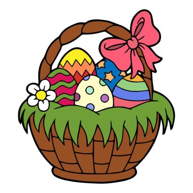 Beyaz bir arka plan üzerinde izole Paskalya yumurtaları sepetle