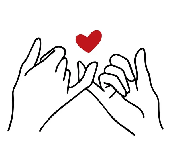 Serçe parmağı kırmızı kalp konseptiyle el ele tutuşur..