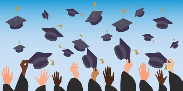 Mezuniyet öğrencileri, önlüklü eller mezuniyet şapkalarını havaya fırlatıyor.