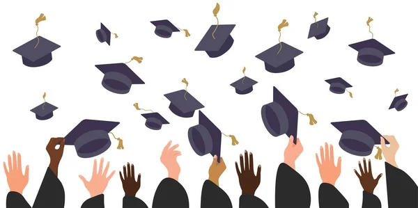 Απόφοιτοι Μαθητές Των Χεριών Των Μαθητών Φόρεμα Ρίχνουν Καπέλα Αποφοίτησης — Διανυσματικό Αρχείο