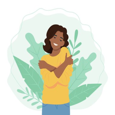 Siyahi bir kadın kendini Vektör illüstrasyonunda kucaklıyor.