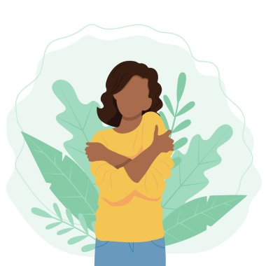 Siyahi bir kadın kendini Vektör illüstrasyonunda kucaklıyor.