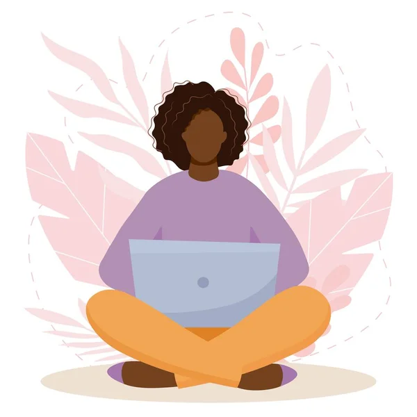 Black Woman Laptop Working Student Freelancer Concept — ストックベクタ