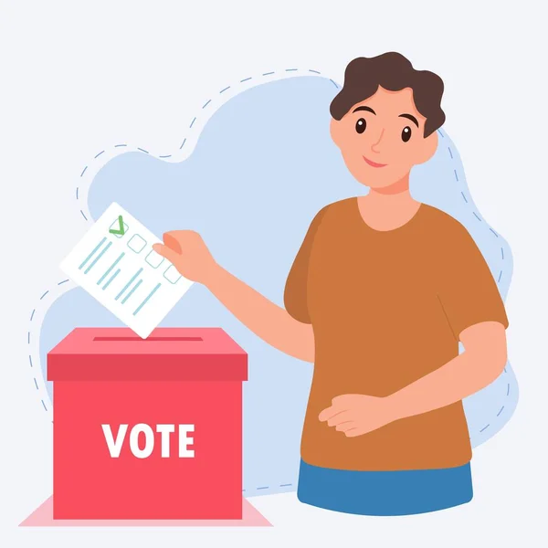 Young Man Putting Vote Ballot Box — Stock Vector