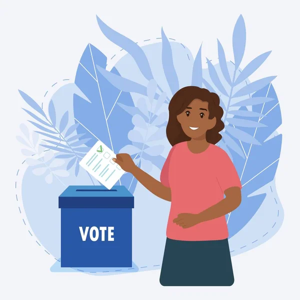 Black Woman Putting Vote Ballot Box — стоковый вектор