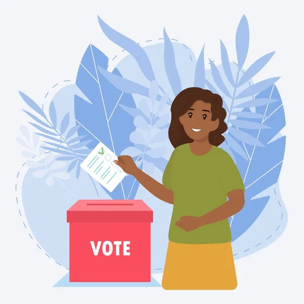 Black Woman Putting Vote Ballot Box — Stock Vector