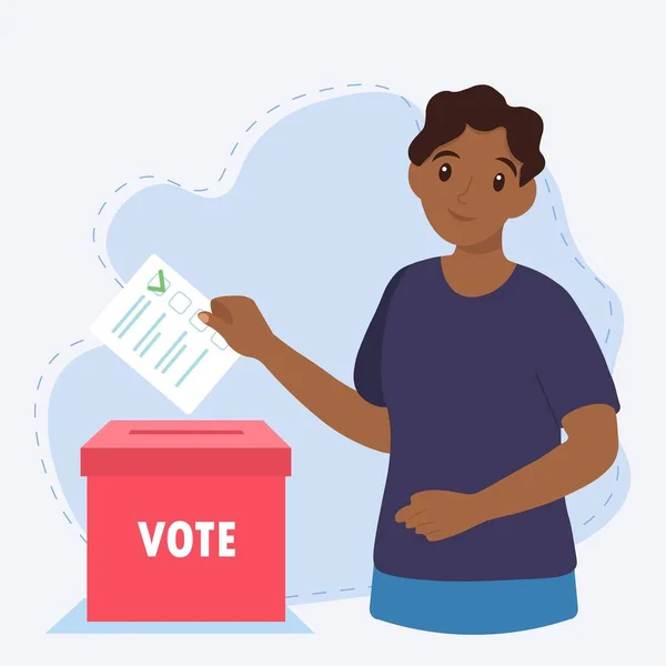 Black Young Man Putting Vote Ballot Box — Stock Vector