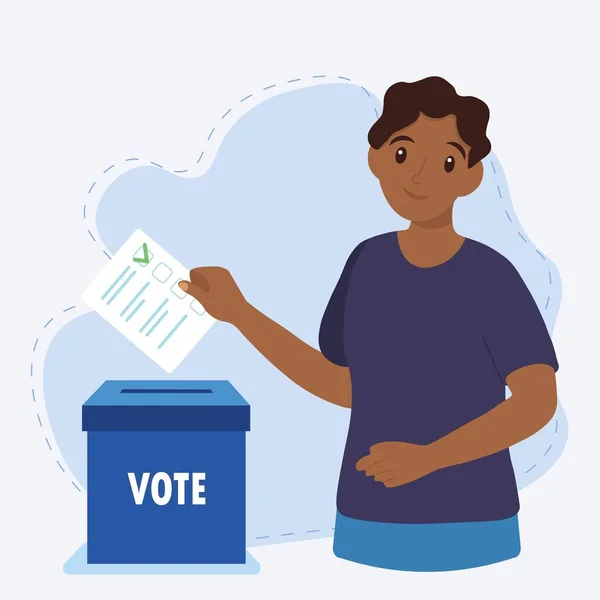 Black Young Man Putting Vote Ballot Box — стоковый вектор