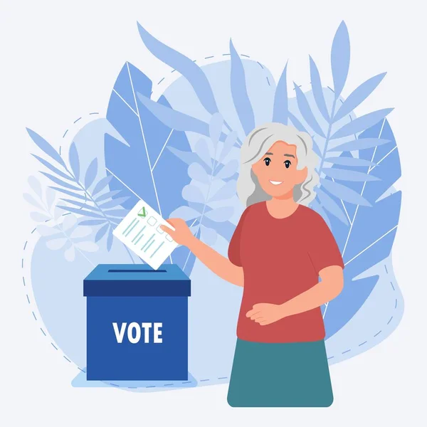 Old Woman Putting Vote Ballot Box — Stock Vector