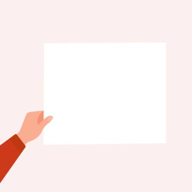 Hand in red shirt holds a rectangular blank sheet of paper